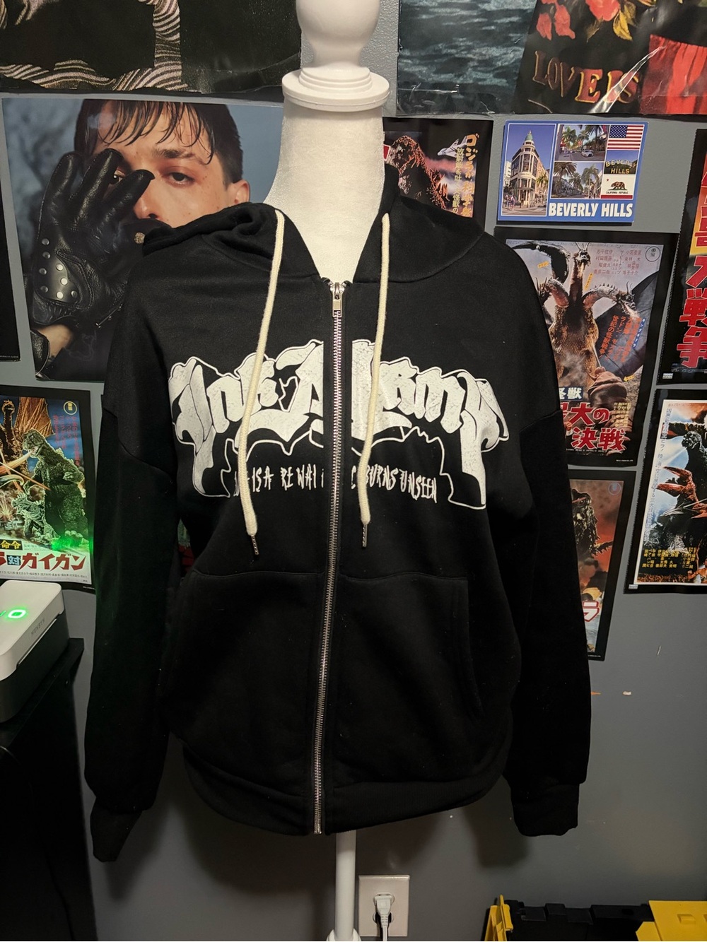 Men's Black Zip-Up Hoodie with White Graphic and Drawstrings